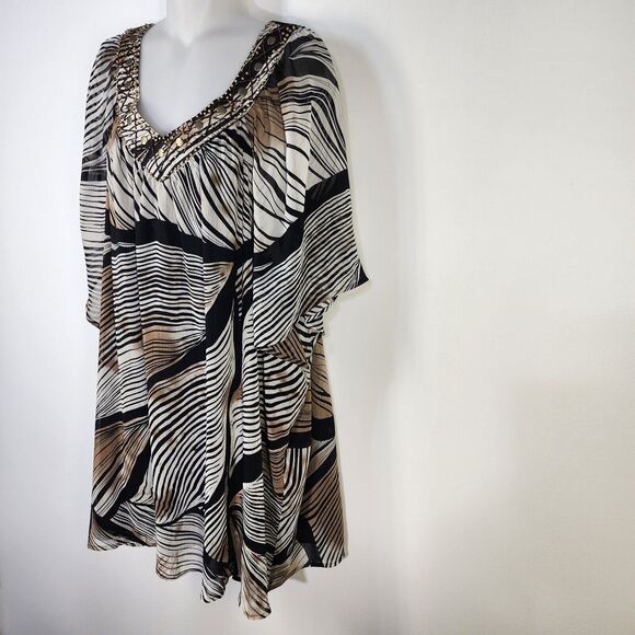 Maggie Barnes Tunic Top 4X 30/32W Striped Short Sleeve Beaded V Neck Tunic Lined - Picture 5 of 11